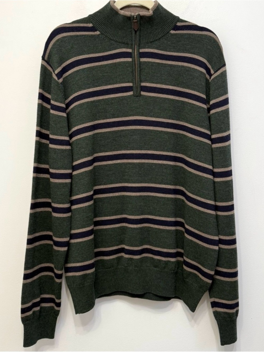Brooks Brothers Green Stripe Extra Fine Merino Wool Quarter Zip Sweater Men’s XL